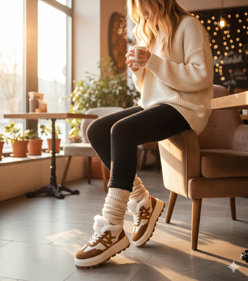 Brązowe sneakersy ocieplane z futerkiem Nicha