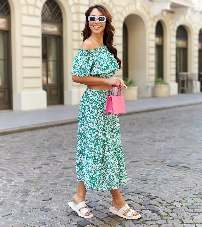 Zielone komplet z topem i spódnicą midi Elora